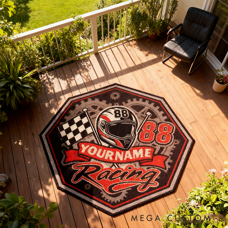 Personalized Racing Rug Custom Name Race Track Theme Carpet for Garage Bedroom or Living Room
