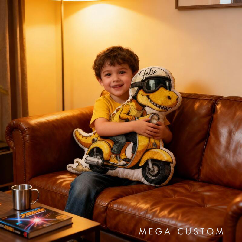 Personalized Cartoon Shaped Pillow Helmet Dinosaur Riding An Electric Bike Cool Gift for Motorcycle Lovers