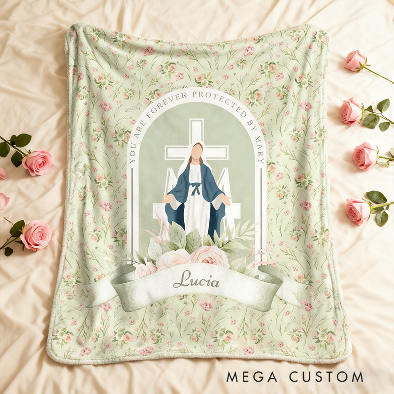 Personalized you are Forever Protected by Mary Floral Throw Blanket with Name Home Decor Religious Gift Catholic Gift for Women