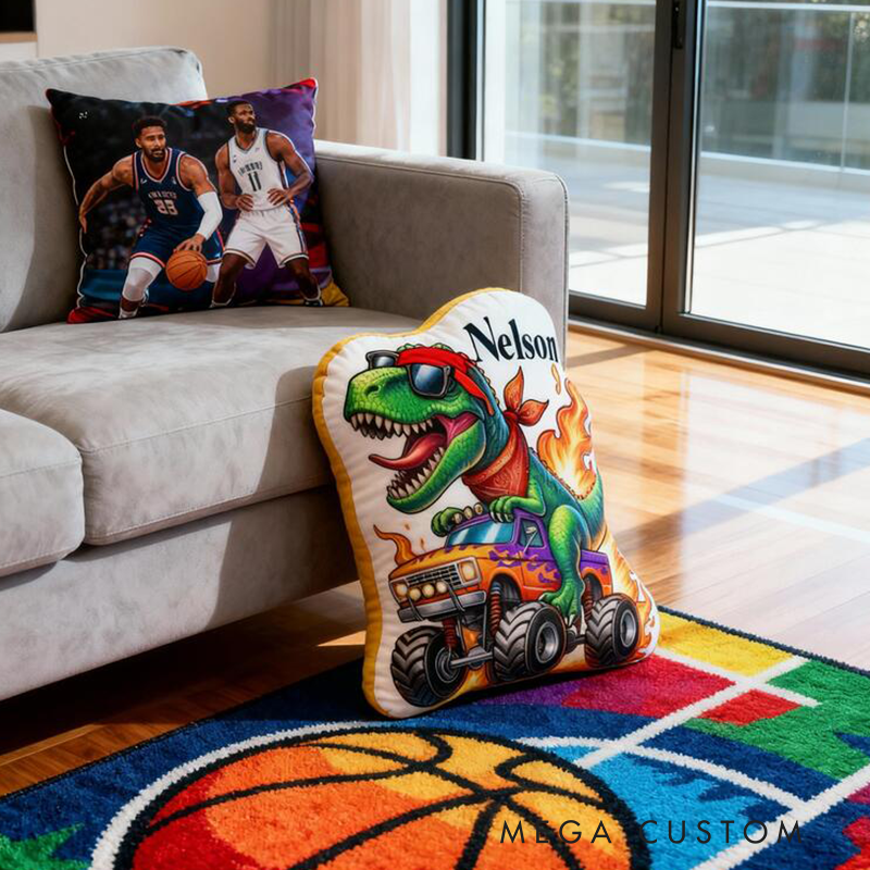 Personalized Dinosaur Monster Truck Pillow Custom Name Plush Cushion Cute Gift for Motorcycle Lovers and Motorcyclists