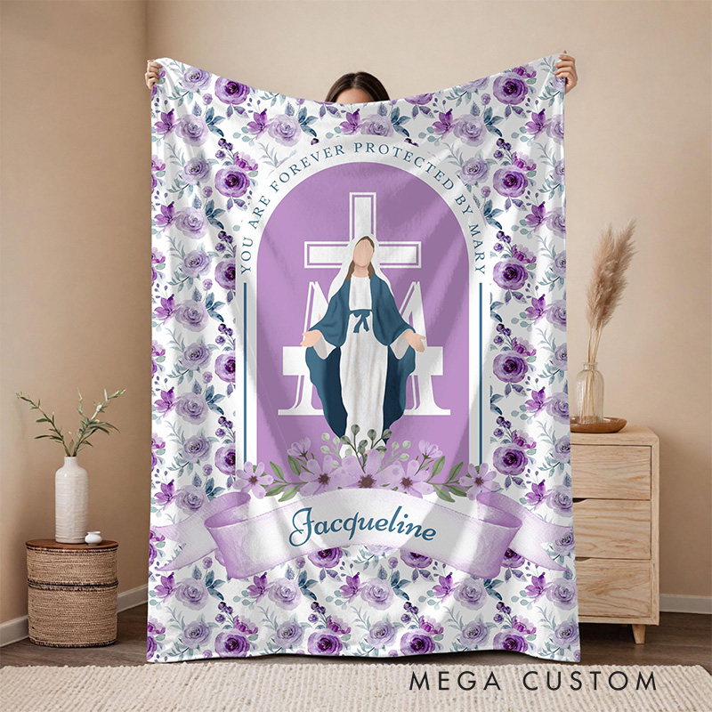 Personalized Purple Floral you are Forever Protected by Mary Throw Blanket with Name Home Decor Religious Gift Catholic Gift for Women