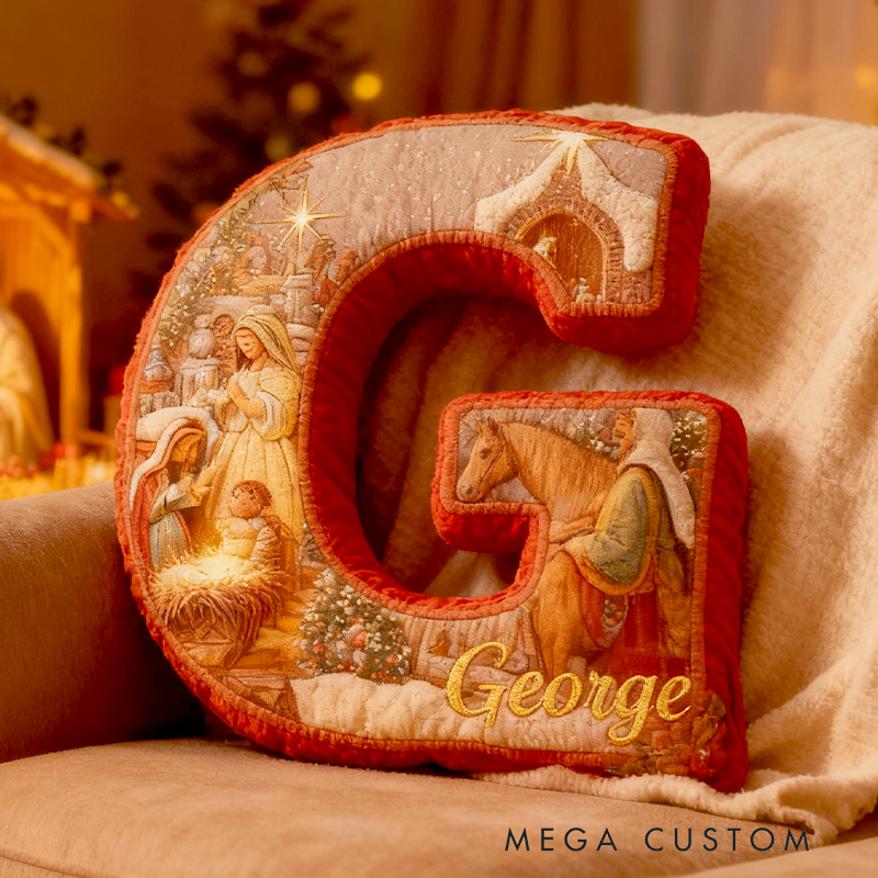 Personalized Nativity Scene Letter Pillow with Custom Name Christmas Festive Home Decor Graphic 3D Print Christian Gift Religious Gift