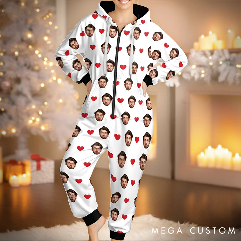 Personalized Photo Adult Onesie for Girlfriend Wife Custom Anniversary Christmas Gift Women's Onesie with Husband Face Wear Your Love