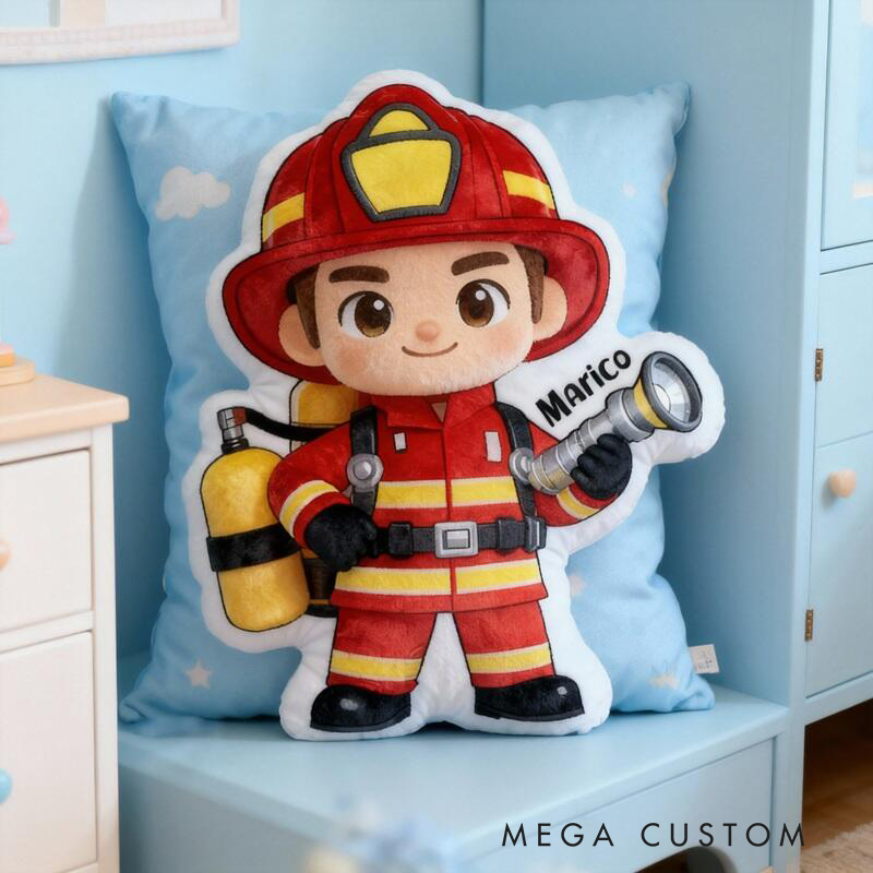 Personalized Firefighter Cartoon Pillow Custom Name Plush Cushion Hero‑Inspired Decorative Gift for Firefighter Enthusiasts