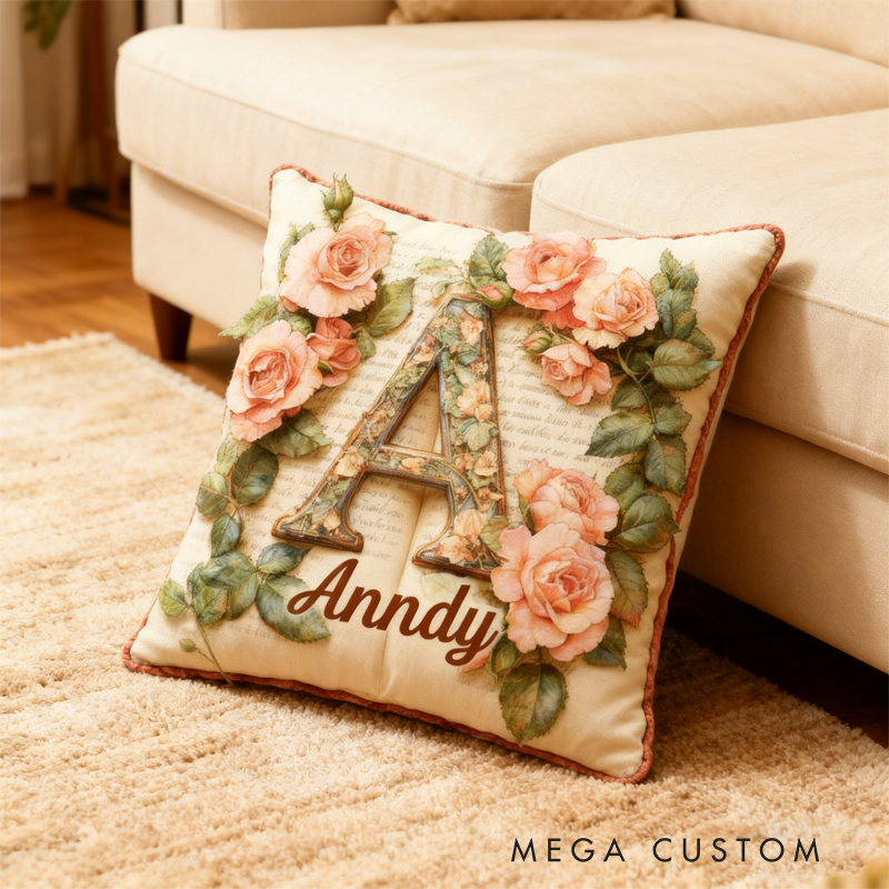 Personalized Rose Garden Book Alphabet Throw Pillow Vintage Floral Book Letter Pillow with Name for Kids Girl Gift for Reading Lover Pillow