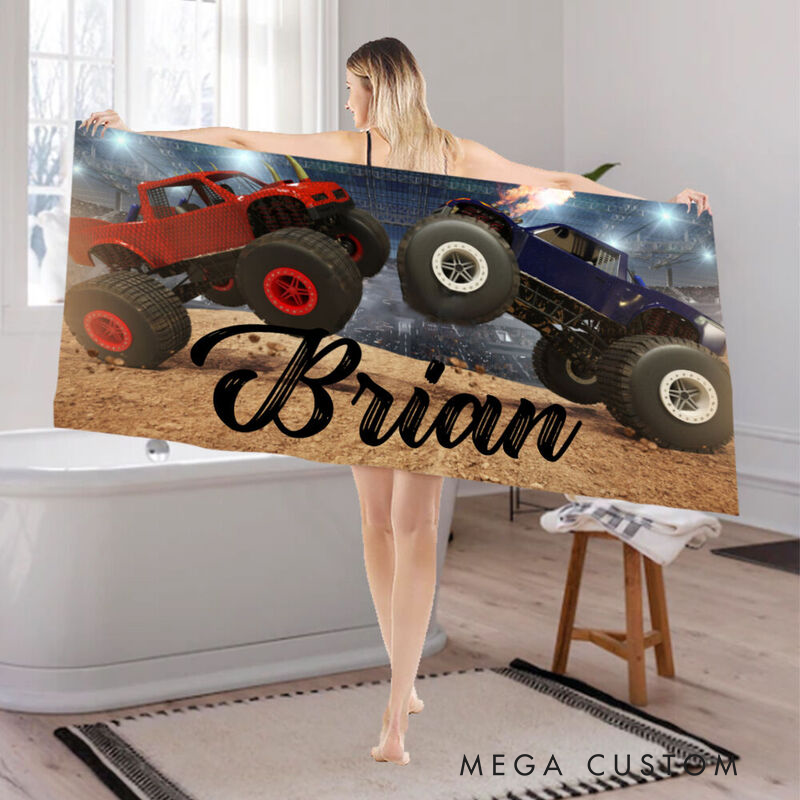 Personalized Monster Truck Beach Towel Custom Name Racing Off‑Road Style Towel Gift