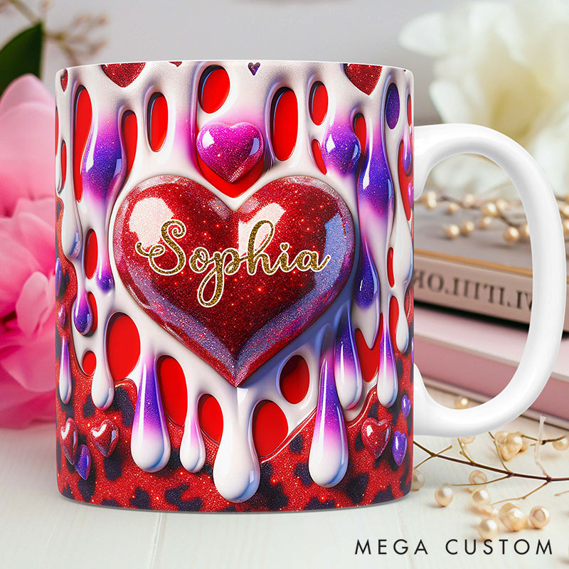 Personalized 3D Printing Pink Heart Glittering Mug Custom Names Mug Edge-to-Edge Mug Valentine's Day Gift for Wife for Grilfriend for Her