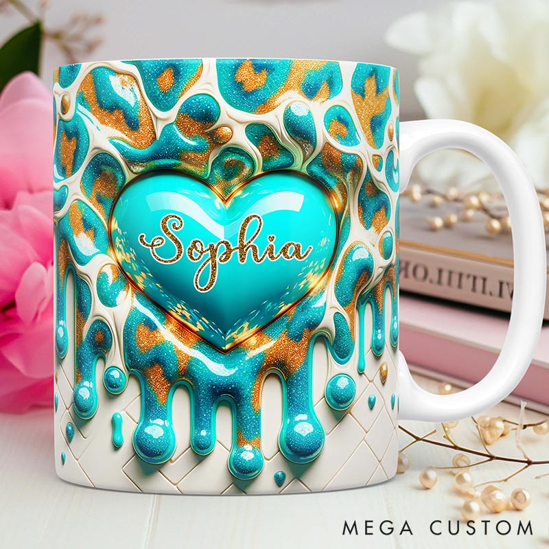 Personalized 3D Printing Pink Heart Glittering Mug Custom Names Mug Edge-to-Edge Mug Valentine's Day Gift for Wife for Grilfriend for Her