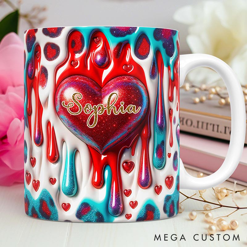 Personalized 3D Printing Pink Heart Glittering Mug Custom Names Mug Edge-to-Edge Mug Valentine's Day Gift for Wife for Grilfriend for Her