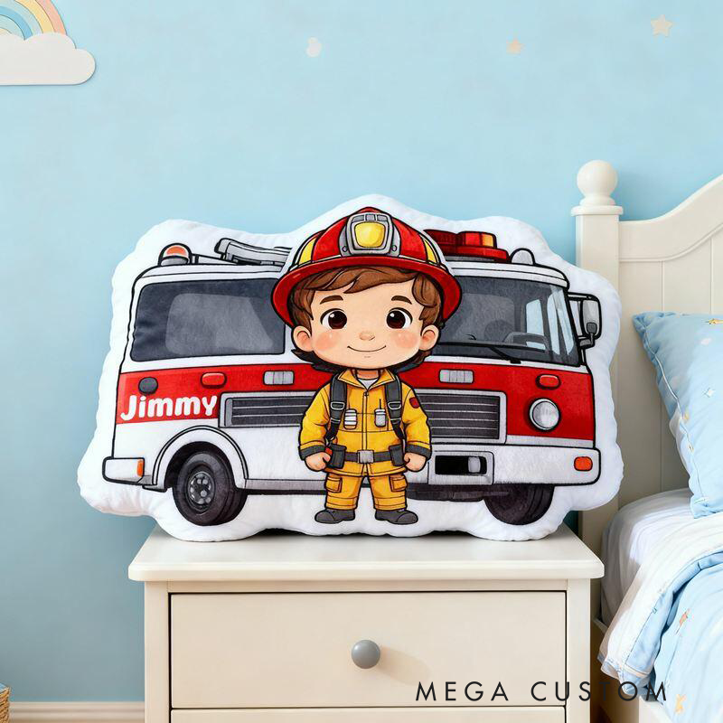 Personalized Cartoon Shaped Pillow Firefighter and Fire Truck Design Cool Gifts