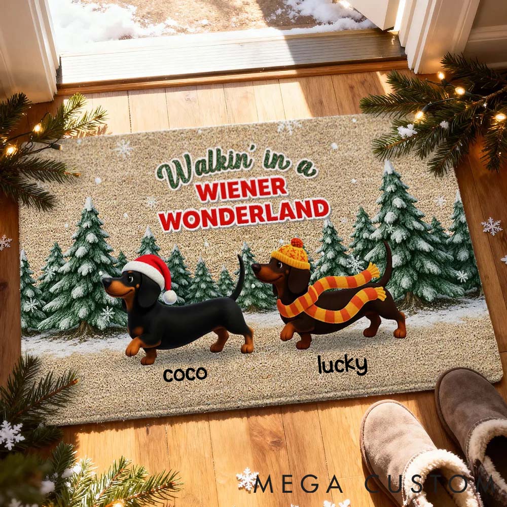 Personalized Dog Lover Dachshunds Walking in a Winter Wonderland Doormat