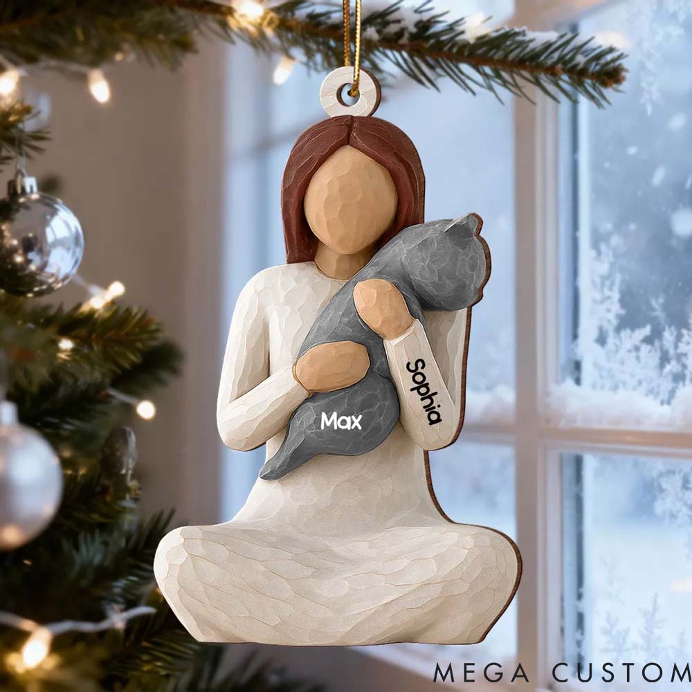 Personalized Cat Lover Woman Hugging Cat Christmas Ornament