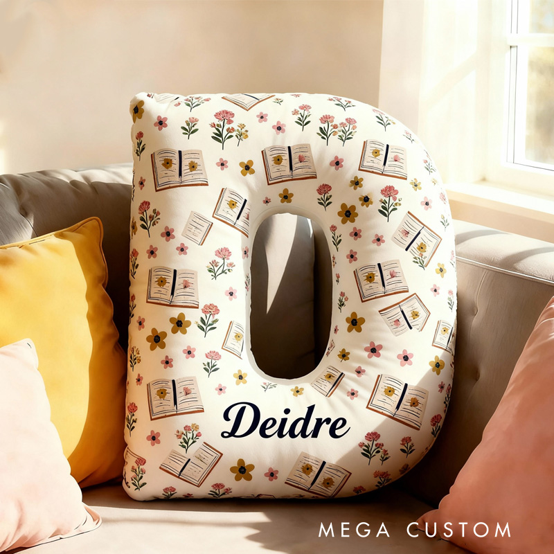 Personalized Floral Books Alphabet Throw Pillow Retro Book Letter Pillow with Name Bookish Initial Reader Pillow for Kids Boys Girl Book Lover Christmas Gift