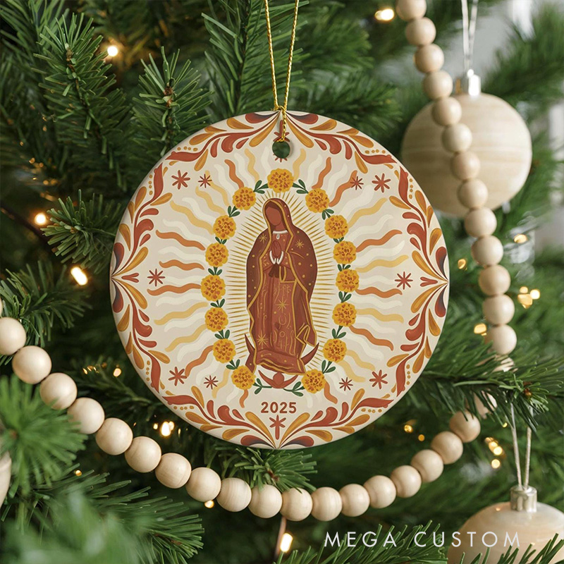 Personalized Our Lady of Guadalupe Marigolds Ceramic Ornament with Year Religious Gift Christmas Home Decor Catholic Gift