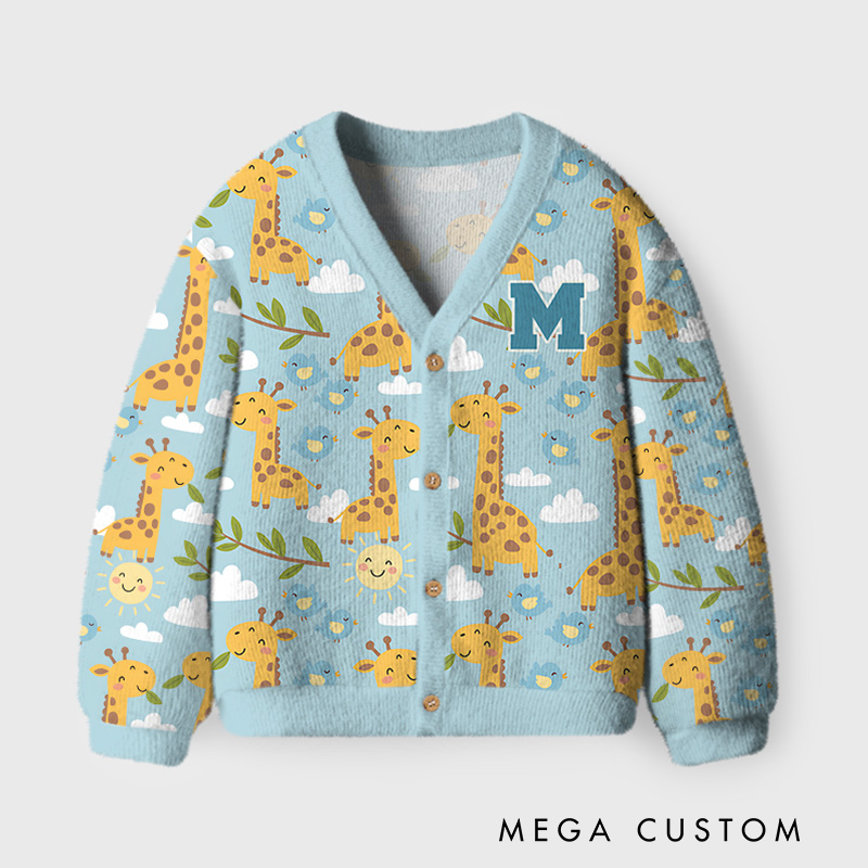 Personalized Cute Blue Giraffe Print Kids Cardigan Sweater Kids Gift