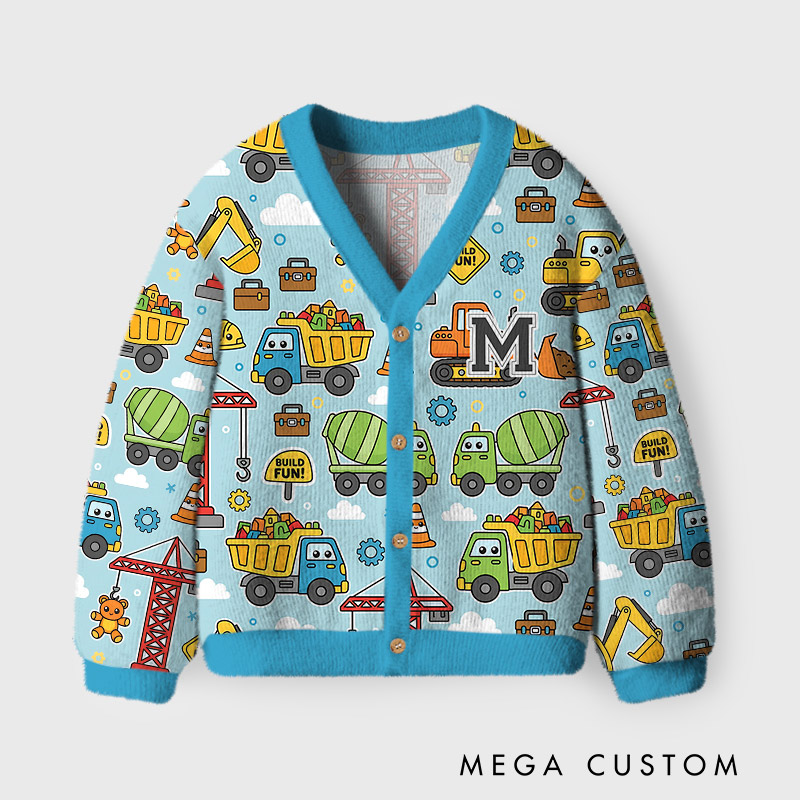 Personalized Construction Theme Kids Ugly Cardigan Sweaters Kids Gift