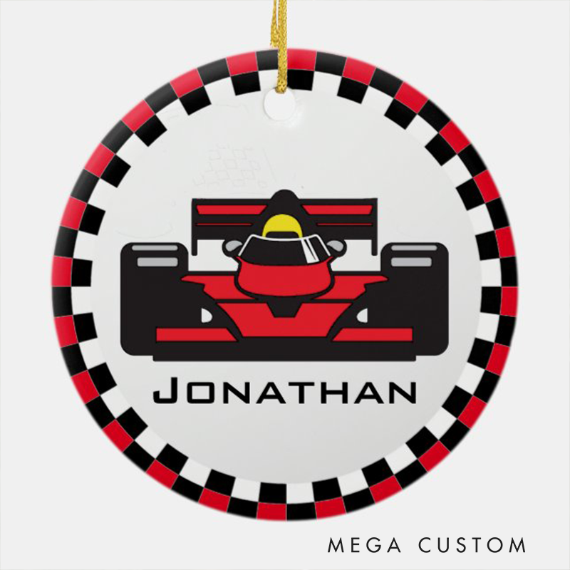 Personalized Racing Car Ceramic Ornament Custom Name Checkered Border Design Gift