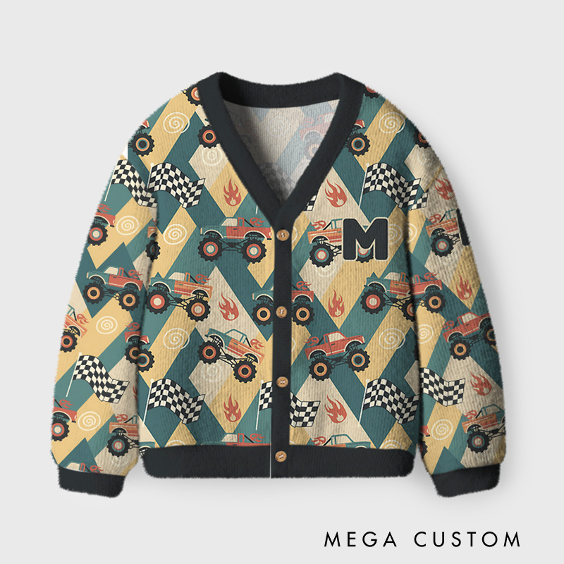 Personalized Monster Truck Race Kids Cardigan Sweaters with Custom Initial Kids Gift