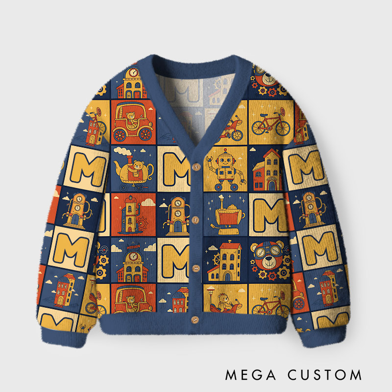 Personalized Retro City and Robot Theme Kids Cardigan Sweaters with Custom Initial