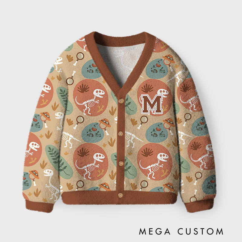 Personalized Dinosaur Fossil Exploration Theme Kids Cardigan Sweaters with Custom Initial