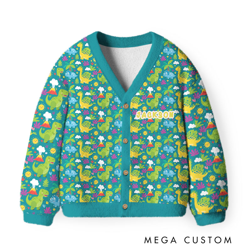 Personalized Colorful Dinosaur Adventure Kids Cardigan Sweaters with Custom Name Design