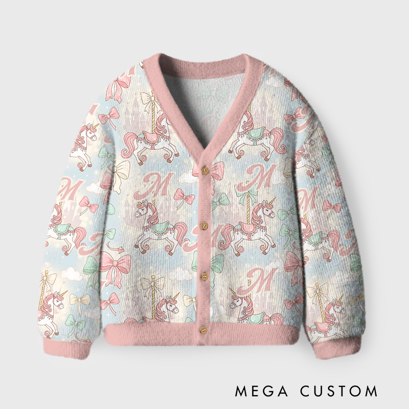 Personalized Pastel Carousel Unicorn Theme Kids Cardigan with Custom Initial