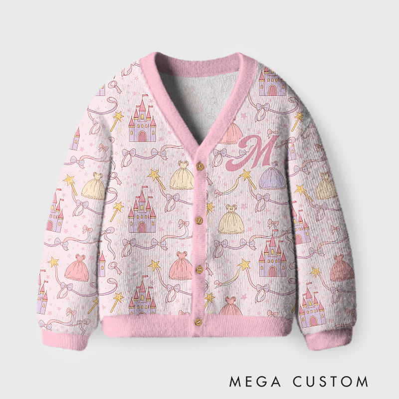 Personalized Princess Castle and Fairytale Dress Theme Kids Cardigan with Custom Initial