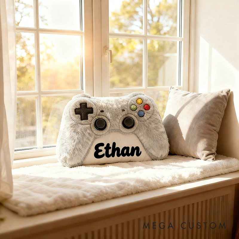 Personalized Graphic 3D Print Grayish White Game Controller Shaped Pillow for Game Lovers Plush Pillow Christmas Gift for Kids