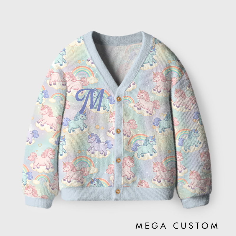 Personalized Rainbow Unicorn Dreamland Theme Kids Cardigan with Custom Initial