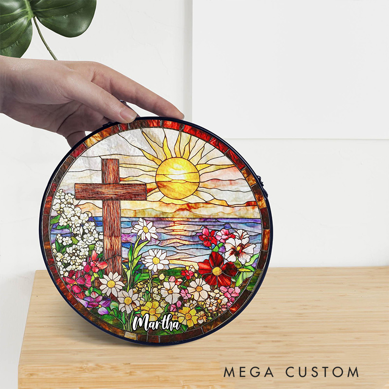 Personalized Cross Wildflowers Stained Glass Suncatcher Ornament with Name Window Balcony Hanging Decor Home Decor Religious Faith Gift