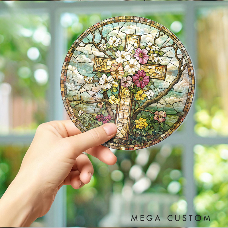 Personalized Floral Cross Stained Glass Suncatcher Ornament with Name Window Balcony Hanging Decor Home Decor Religious Gift