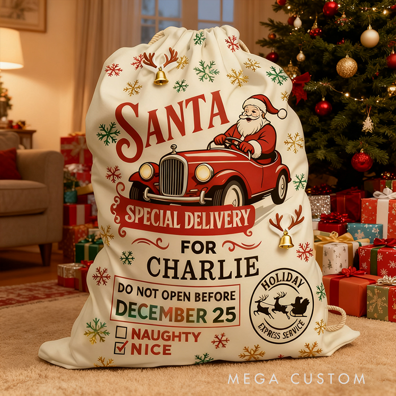 Personalized Santa Express Christmas Sack Custom Name Gift Bag Holiday Racing Delivery Fabric Toy Bag Festive Home Decoration