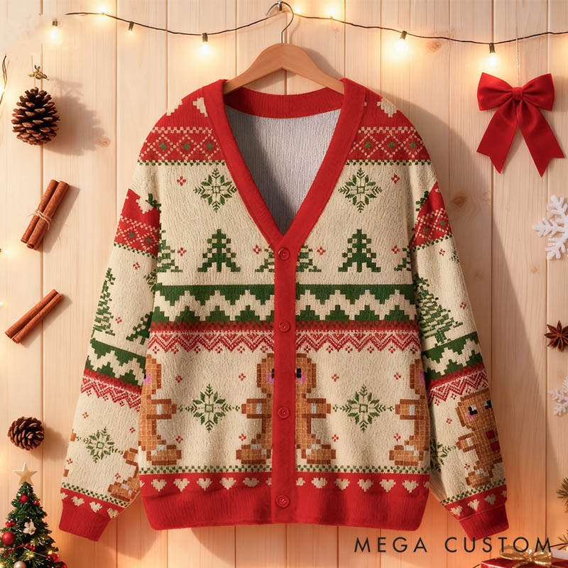 Personalized Couple Gingerbread Christmas Cardigan Sweater Custom Newlyweds Matching Ugly Sweater Cozy Christmas Outfit Christmas Gift for Him Her