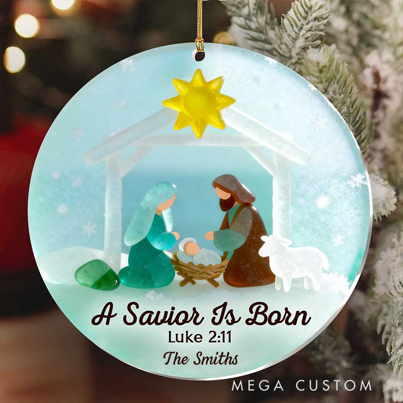 Personalized a Savior is Born Nativity Scene Acrylic Ornament with Family Name Religious Gift Christmas Tree Decor Christmas Gift for Family