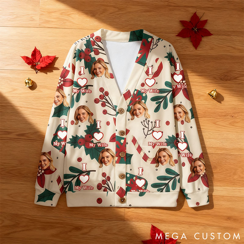 Personalized Couple Face Photo Christmas Cardigan Sweaters I Love My Husband Wife Christmas Knitted Cardigan Couple Christmas Gift