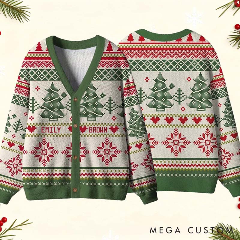 Personalized Couple Vintage Christmas Tree and Snowflakes Christmas Cardigan Sweater Newlyweds Matching Ugly Sweater Cozy Christmas Outfit for Him Her