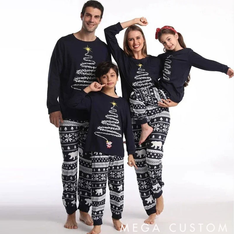 Personalized Christmas Pajamas for Family, Matching Family Christmas PJs Sets Christmas Tree Printed Top Sleepwear Festive Christmas Pajama Sets