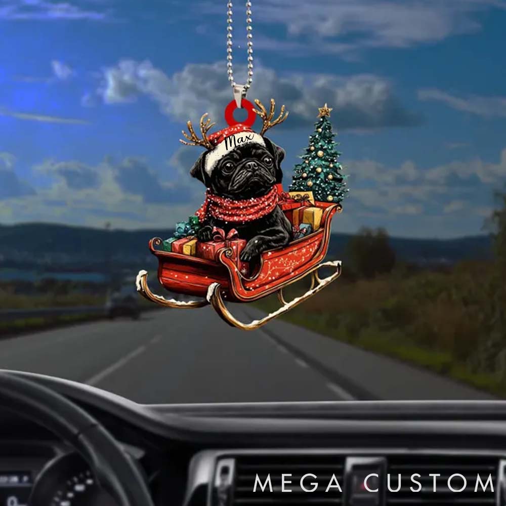 Personalized Pet Lover Custom Name Pet with Santa Hat Sitting on a Red Sleigh Christmas Ornament