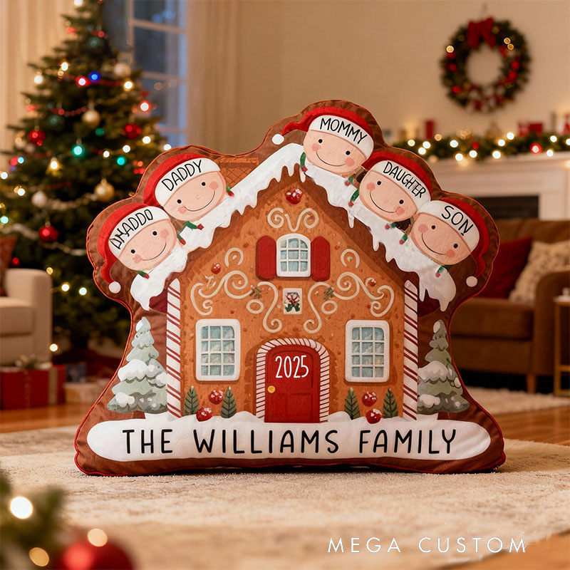 Personalized Gingerbread House Pillow Custom Family Name Holiday Decor Cushion with Festive Design Christmas Decoration for Living Room Christmas Gift