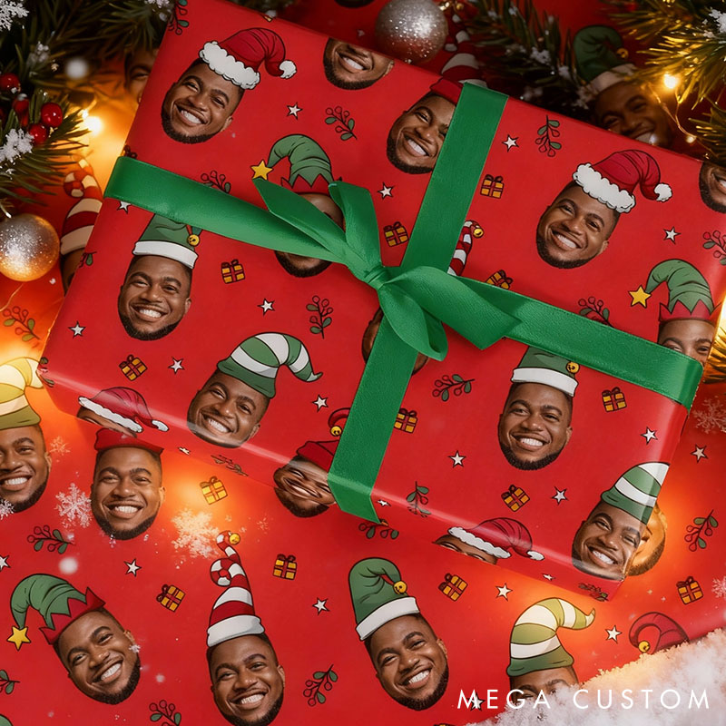 Personalized Face Christmas Wrapping Paper Custom Photo Face Xmas Hats Wrapping Paper Funny Festive Gift Wrap for Husband Boyfriend