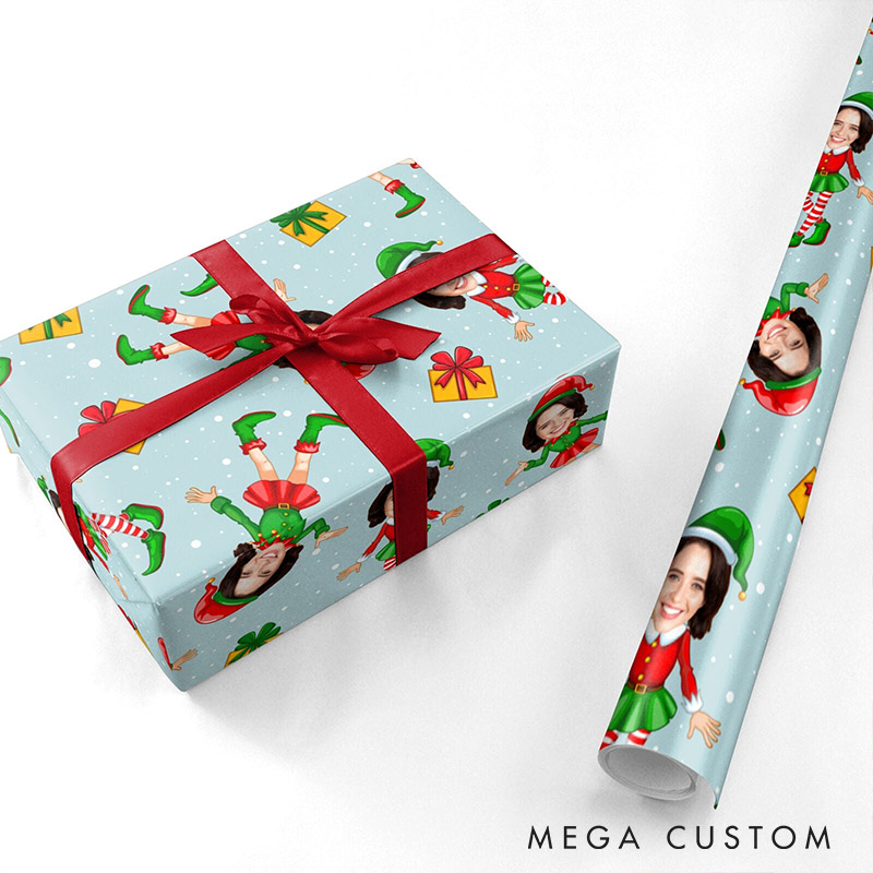 Personalized Funny Girlfriend Wife Photo Face Wrapping Paper Husband Boyfriend Elf Face Christmas Wrapping Paper Holiday Gift Wrap for Him Her