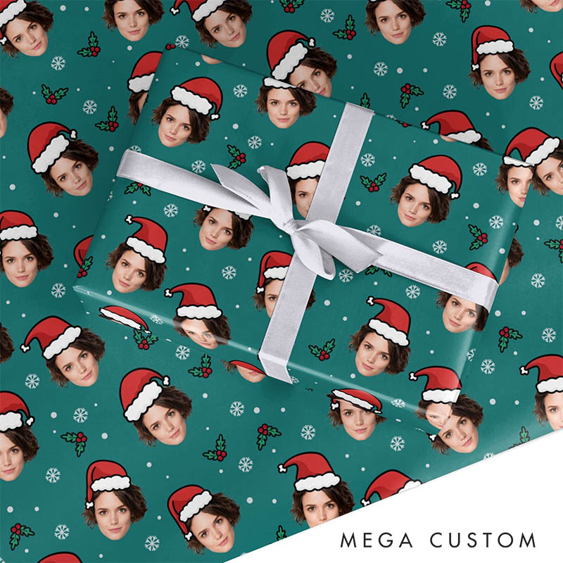 Personalized Funny Girlfriend Wife Photo Face Wrapping Paper Husband Boyfriend Santa Hat Face Christmas Wrapping Paper Holiday Gift Wrap for Him Her
