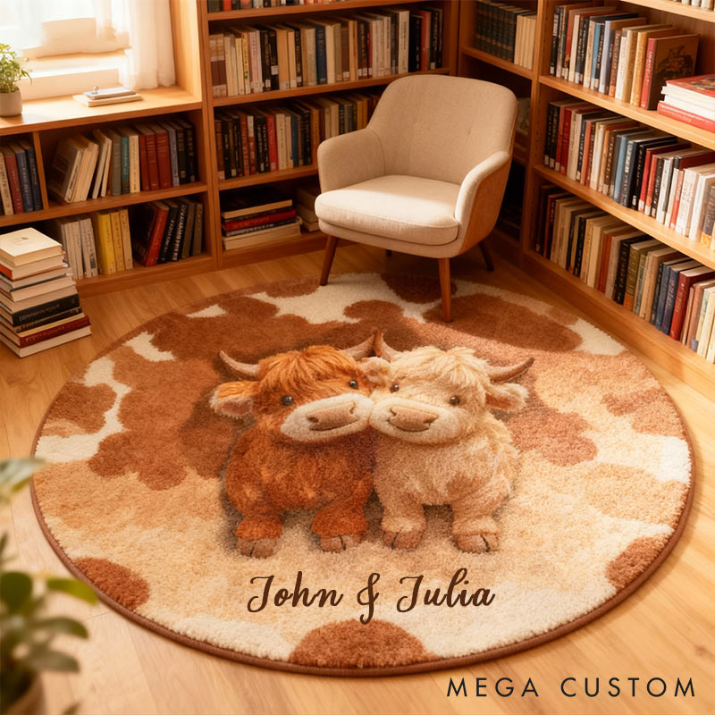 Personalized Couple Highland Cow Rugs Custom Name Cute Home Decoration for Husband Wife Christmas Gift for Couple Holiday Gift