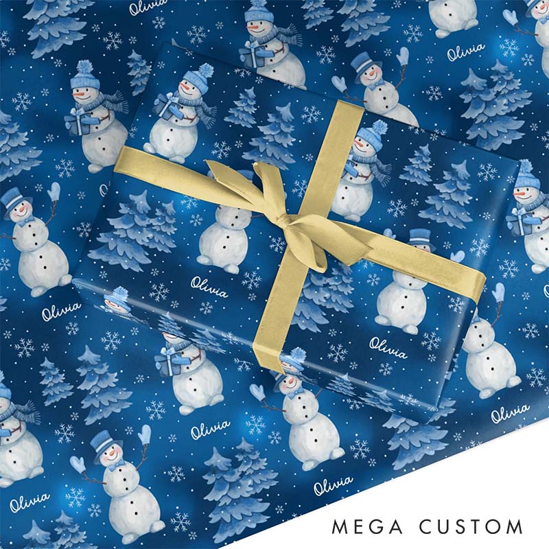 Personalized Blue Snowman Christmas Wrapping Paper Custom Name Christmas Wrapping Paper Holiday Gift Wrap for Girlfriend Wife Boyfriend Husband