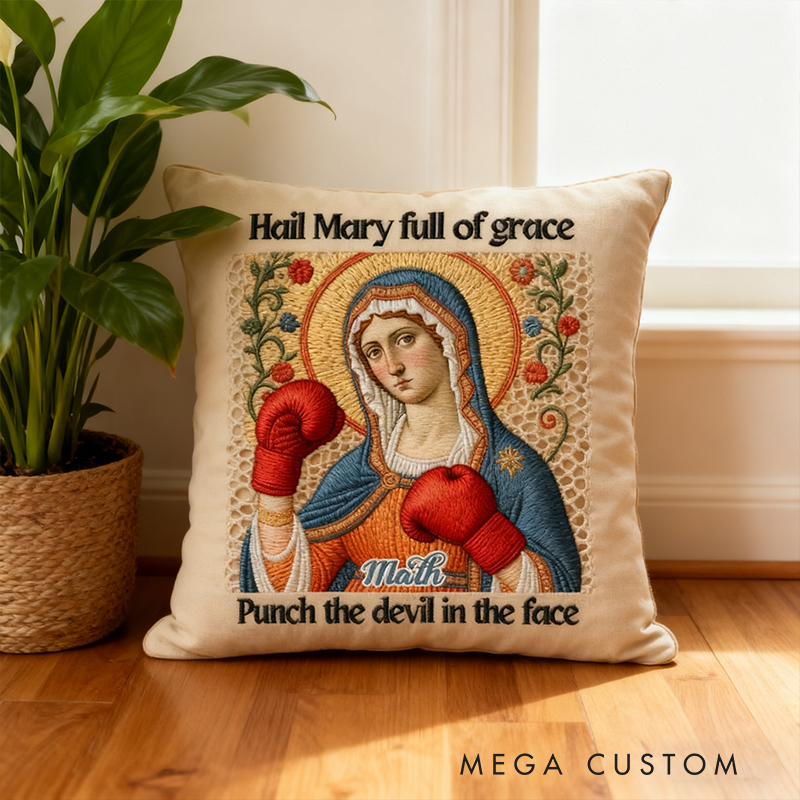 Personalized Hail Mary Full of Grace Punch the Devil in the Face Catholic Meme Pillow with Custom Name Humorou Religious Gift Graphic 3D Print Pillow