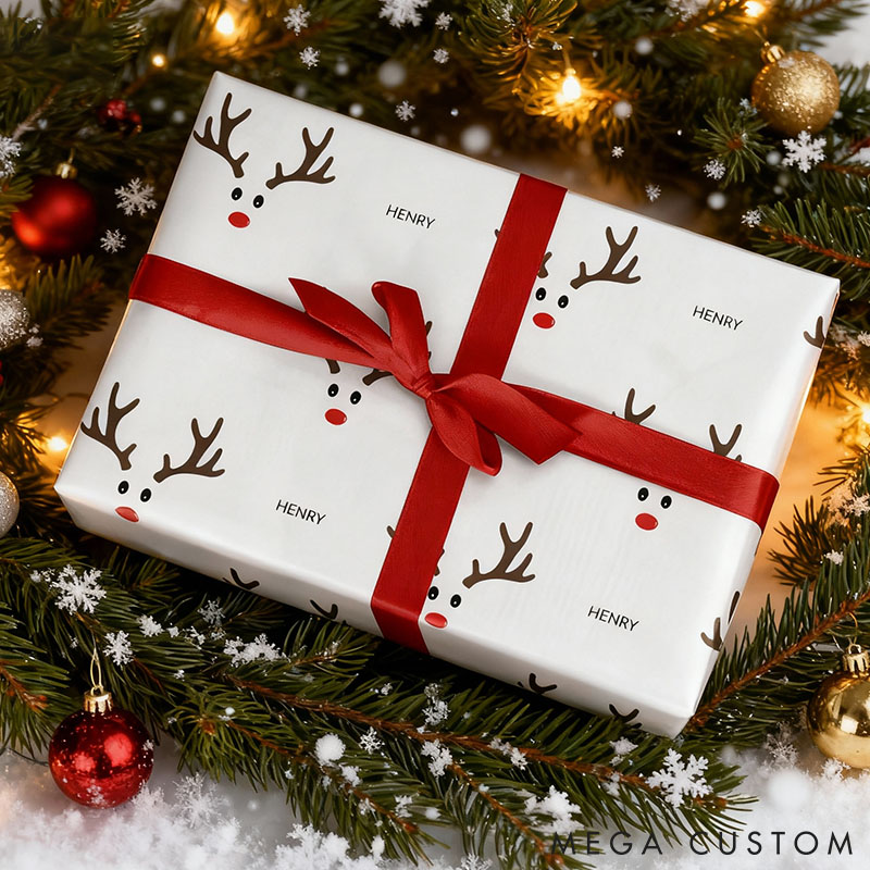 Personalised Reindeer Face Wrapping Paper Custom Minimalist Holiday Decor Wrap Paper Christmas Gift Wrapping for Her