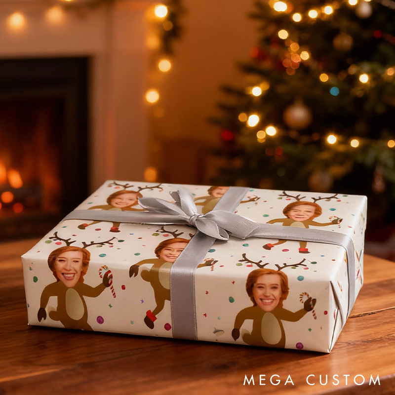 Personalized Reindeer Face Wrapping Paper Custom Funny Gift Wrap Reindeer Photo Face Wrapping Paper for Him Hei Christmas Gift Wrap