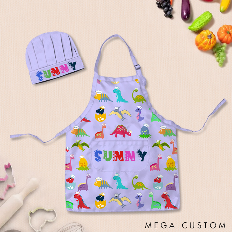 Personalized Fun Cartoon Dinosaur Adjustable Kid Apron Chef Hat Set with Pocket and Name for Cooking Baking Birthday Holiday Gift for Kids