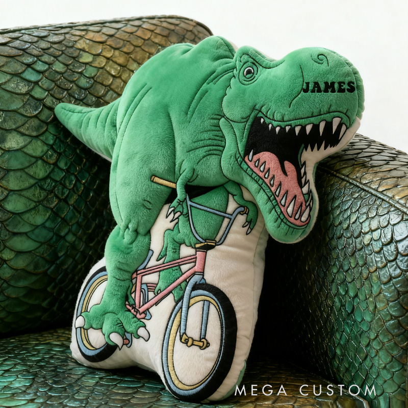 Personalized Dino Rider Bike Pillow Cozy Graphic 3D Print Dino Pillow Name Pillow Comfortable Travel Cushion for Kids Boys Riding Lovers