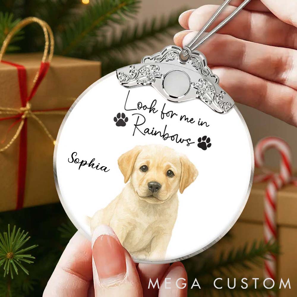 Personalized Pet Lover Custom Watercolor Portraits Using Pet Photo Look for Me in Rainbows Memorial Ornament